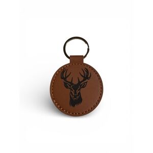 Engraved Leather Deer Stag Keychain Brown Circular Hunting Gift Key Fob Ring